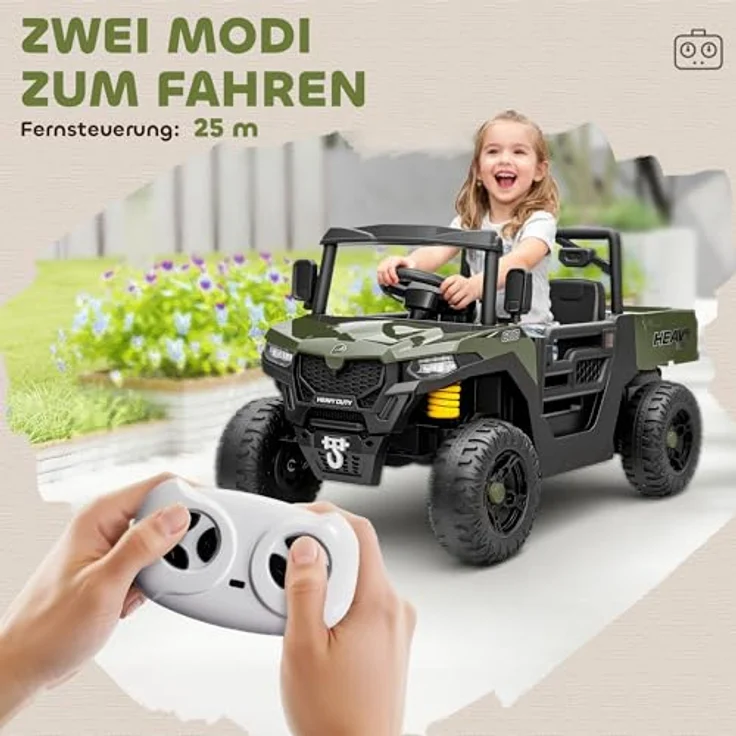 AIYAPLAY Kinder Elektroauto UTV 12V, 2 Motoren, 2,4 GHz Fernbedienung, Softstart, Federungssystem, Musik & USB-Anschluss, für 3-8 Jahre, Grün – Bild 5