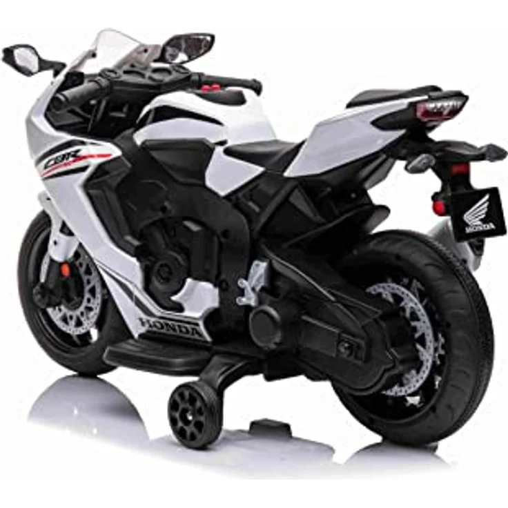 Beneo Kinder-Elektromotorrad HONDA CBR 1000RR, lizenziert, 12V-Batterie, Kunstledersitz, Kunststoffräder, 30W-Motor, LED-Beleuchtung, solider Rahmen, Hilfsräder, weiß – Bild 3