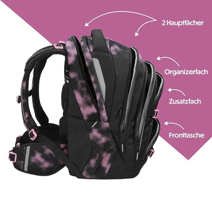Coocazoo Porter Schulrucksack „Pink Illusion”, ergonomischer & anpassbarer Tornister, schwarz-pink, höhenverstellbar, mit Brust- & Hüftgurt, ab der 3. Klasse – Bild 3