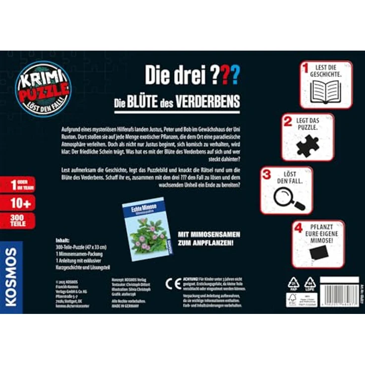 KOSMOS Die DREI ??? - Krimi Puzzle "Die Blüte des Verderbens", 300 Teile, inklusive Mimosensamen-Packung, interaktives Detektivspiel ab 10 Jahre – Bild 2
