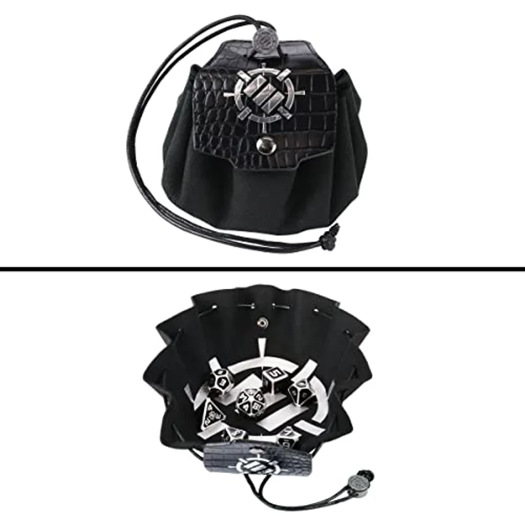 ENHANCE Würfelset aus Metall – 7 polyedrische Würfel mit 2-in-1 Würfeltasche und Würfeltablett aus veganem Leder, schwarze Sammleredition für Dungeon and Dragon RPG – Bild 3