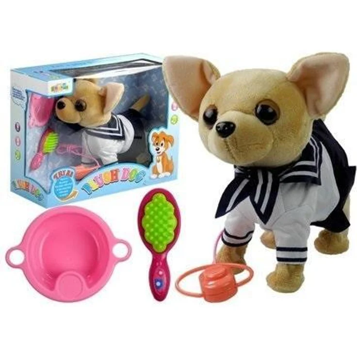 Leantoys Interaktiver Chihuahua-Hund an der Leine, Plüschspielzeug mit Matrosenanzug und Zubehörset