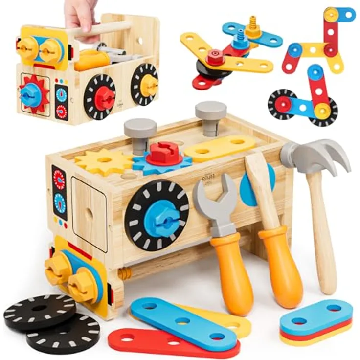 Lehoo Castle Montessori Werkzeugkoffer Kinder, 29-teiliges Holzspielzeug mit Werkbank, ideal für Jungen und Mädchen ab 2 Jahren