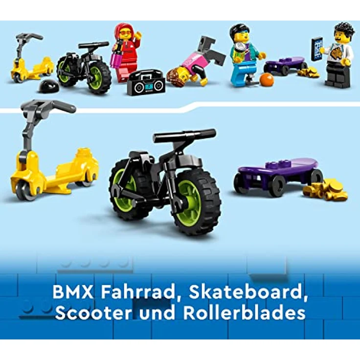 LEGO 60364 City Skaterpark, Spielzeug für Kinder ab 6 Jahren, mit BMX-Rad, Skateboard, Scooter, Inline-Skates und 4 Skater-Minifiguren zum Ausführen von Stunts, 2023 Set – Bild 5
