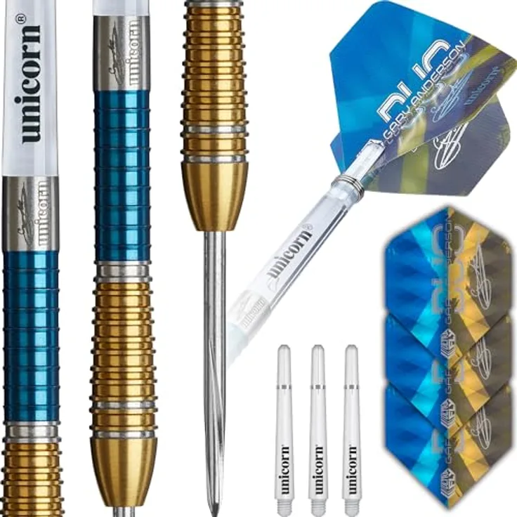 Unicorn Dartpfeile Set Duo Phase 6 | Gary 'The Flying Scotsman' Anderson | 90% Tungsten Barrels, blau & goldene Titanbeschichtungen | Ultrafly Flights | Steel Tip Volute