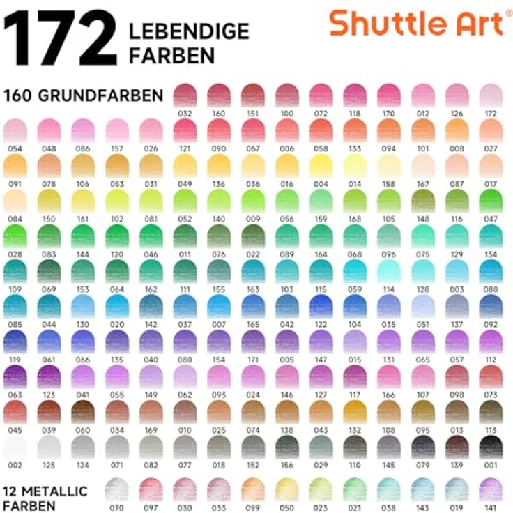 Shuttle Art 172 Buntstifte Set, 172 Farben inkl. 12 Metallfarben, bruchfeste Holzstifte für Färben und Skizzieren – Bild 2