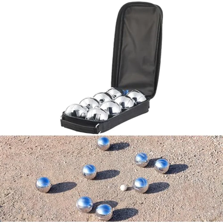 PEARL Boule Kugeln Set, 8 Metall-Kugeln mit Abstandsmesser und Tragetasche, ideal für Garten und Strand – Bild 2