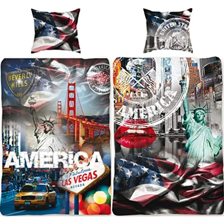 BERONAGE USA Bettwäsche-Set Stars and Stripes 135x200 + 80x80 cm 100% Baumwolle Amerika Bettbezug Blau Weis Rot New York Taxi Las Vegas San Francisco Stern-e Sternchen 2 Motive deutsche Größe Reißverschluss – Bild 1