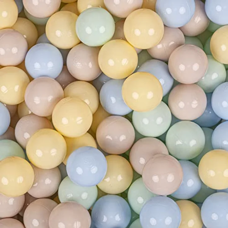 KiddyMoon 200 Bälle, 7 cm Kinder Bälle Spielbälle für Bällchenbad, Einfarbige Plastikbälle in Pastellbeige/Pastellblau/Pastellgelb/Minze, BPA-frei, Made in EU – Bild 2