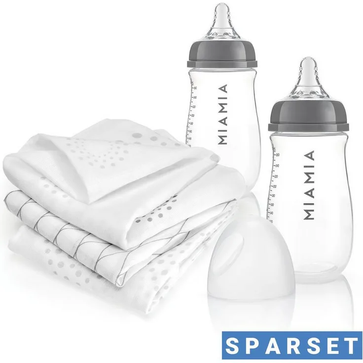 MiaMia Babyflasche PP-Flaschen-Set, 2x 260 ml mit Silikon-Trinksauger Größe S & 3er Pack Spucktücher aus 100% Baumwolle