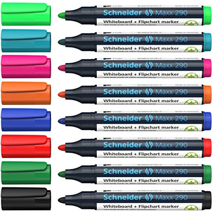 Schneider Maxx 290 Marker (für Whiteboards und Flipcharts, Rundspitze 2-3 mm Strichstärke, rückstandsfrei trocken abwischbar, hohe Qualität, kräftig und farbintensiv) Etui mit 8 Farben – Bild 1