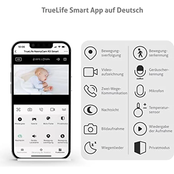 TrueLife NannyCam R3 Smart Überwachungskamera Innen, FullHD-Auflösung Kamera, Babyphone mit Kamera mit Bewegungserkennung, 2-Wege-Audio, Nachtsicht zu 10m, bis zu 128 GB Speicher auf SD Karte, Weiß – Bild 4