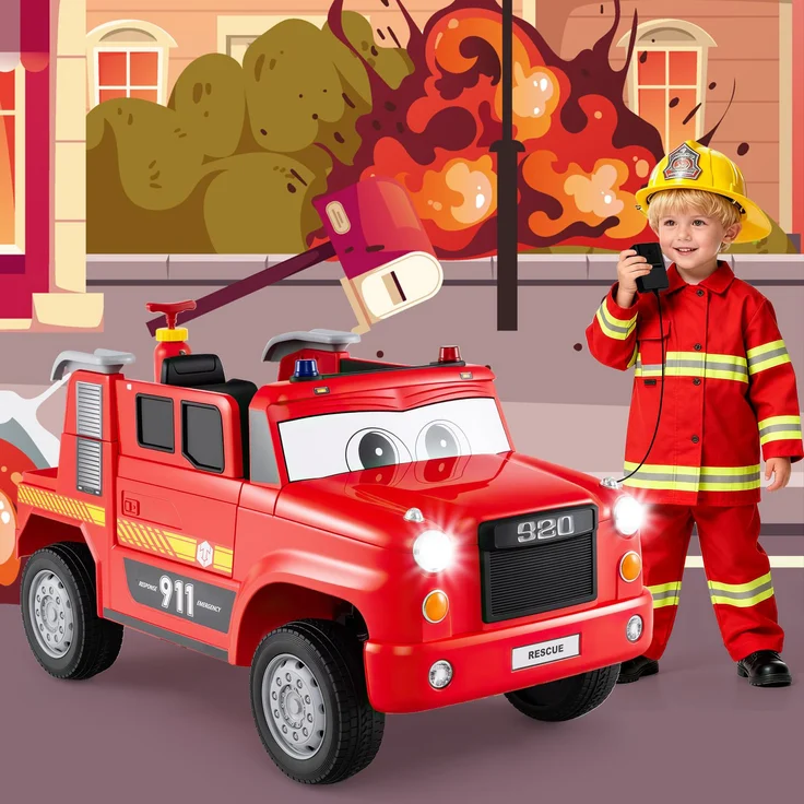 COSTWAY 12V Elektroauto Feuerwehrwagen mit Fernbedienung, Wasserpistole, Musik, Blinklichtern und sanftem Anlauf, rot, für Kinder ab 3 Jahren