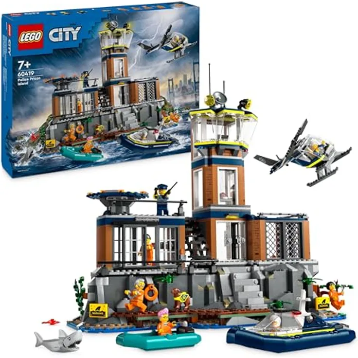 LEGO City Polizeistation auf der Gefängnisinsel, Polizei-Spielzeug mit Hubschrauber, Boot und Hai, Set mit 7 Minifiguren und Hund, Geschenk zum Geburtstag für Jungen und Mädchen ab 7 Jahren 60419