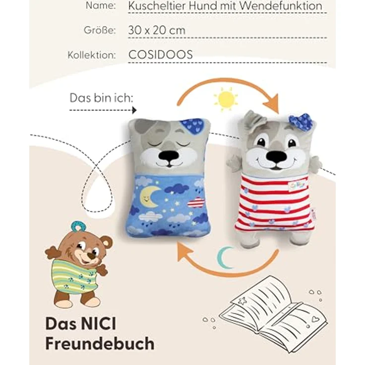 NICI Cosidoo Kuscheltier Hund mit Wendefunktion, 30x20cm, grau, weiches Plüschtier mit Stauraum für Schätze, ideal für Kinder zum Kuscheln und Spielen – Bild 5