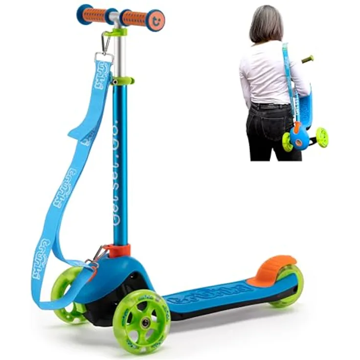 Trunki Faltroller, klappbarer 3-Rad-Scooter für Kinder von 2-6 Jahren, blau, höhenverstellbarer Lenker, leichte Aluminiumkonstruktion, hohe Stabilität