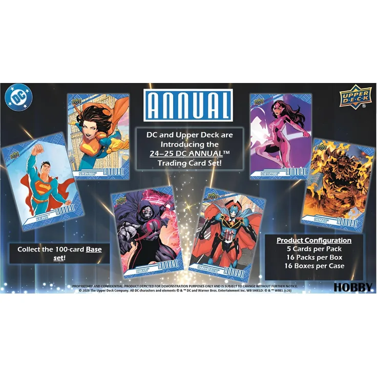 The Upper Deck Company 2024-25 DC Annual (Hobby), Sammelkarten-Set mit 100 Karten, inklusive limitierter Parallelkarten und Autogrammkarten, Box mit 16 Packs à 5 Karten