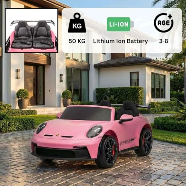 Beneo Motors Elektrisches Kinderauto Porsche 911 24V, rosa, 4x4-Antrieb, zwei Sitze, 200W Motoren, 2,4-GHz-Fernbedienung, USB/AUX, LED-Leuchten, Lithium-Batterie, Federung – Bild 5