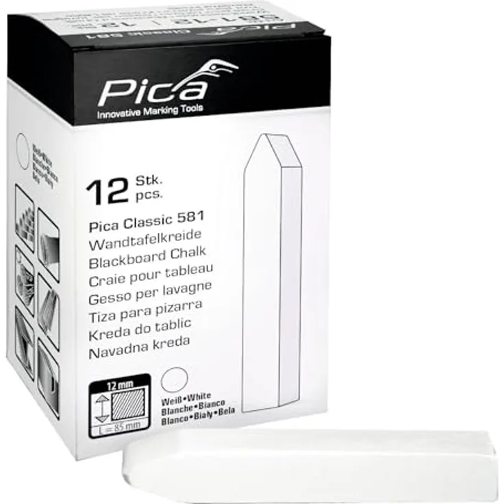 Pica Tafelkreide Classic, 12 Stück, eckig angespitzt, weiß, 12 x 12 x 85 mm