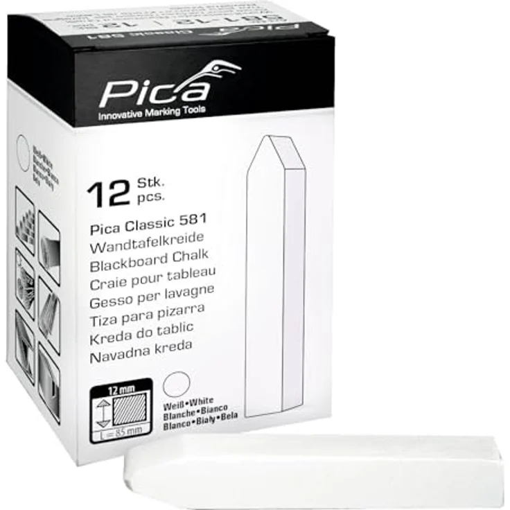 Pica Tafelkreide Classic, 12 Stück, eckig angespitzt, weiß, 12 x 12 x 85 mm – Bild 1