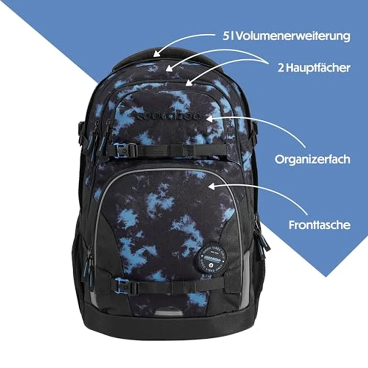 Coocazoo Schulrucksack Porter „Midnight Dust”, ergonomischer Tornister, höhenverstellbar, 30-35 Liter Stauraum, schwarz-blau, mit Brust- und Hüftgurt, ab der 3. Klasse – Bild 3