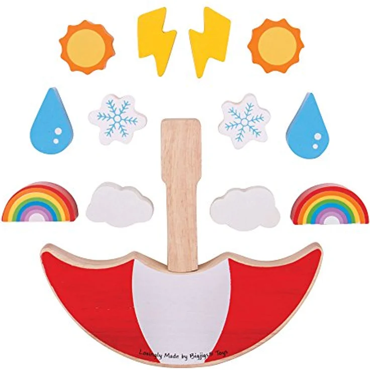 Bigjigs Toys Gleichgewichtsspiel Wetter, Holzspielzeug mit Schirm-Design und Wetter-Themenfiguren – Bild 4