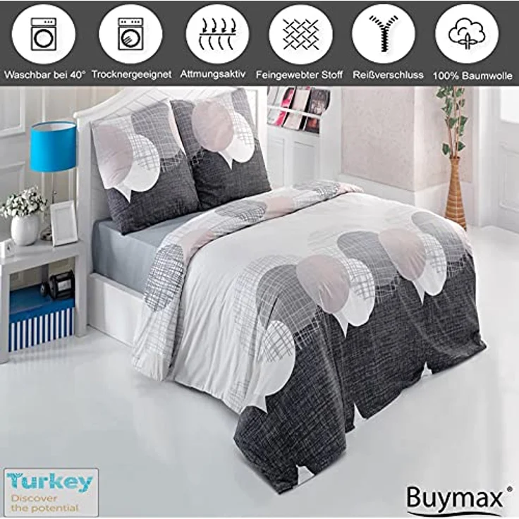Buymax® Bettwäsche 155x220, 4-Teiliges Set aus 100% Baumwolle, ÖKO-TEX zertifiziert, mit 2 Kissenbezügen 80x80cm und Reißverschluss, Pflegeleicht und strapazierfähig – Bild 2