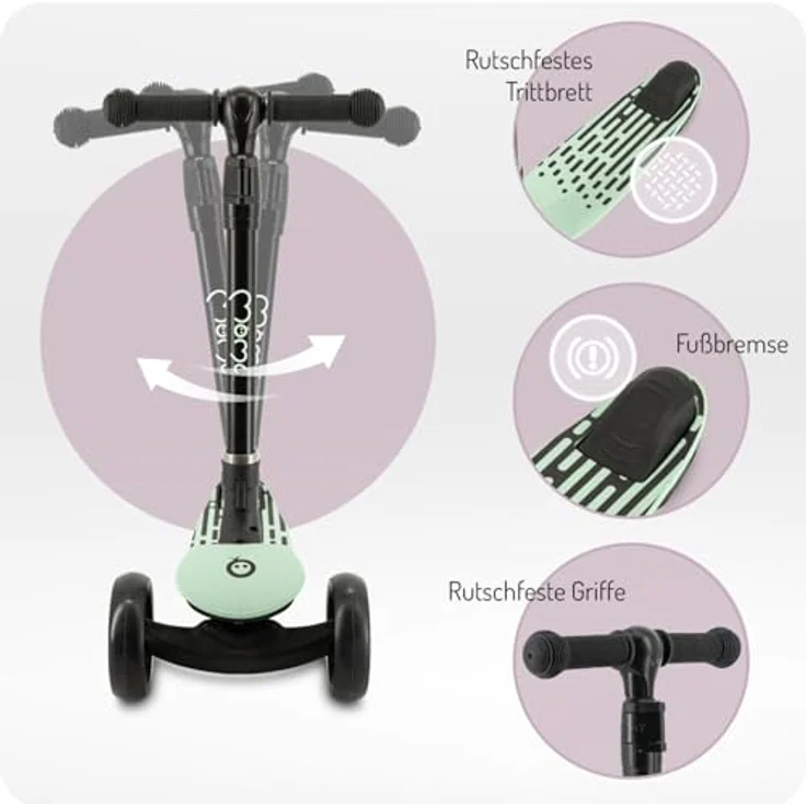 MoMi 3-Rad-Kinderroller SAN 2-in-1, höhenverstellbare Lenkstange 60/66/72 cm, klappbar, LED-Räder mit ABEC-7 Kugellagern, Trittbremse, 2,7 kg, für Kinder ab 3 Jahren – Bild 4