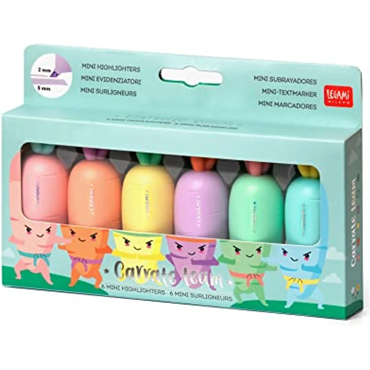 Legami HC0001 Set mit 6 Mini-Textmarker, Carrate Team, in Karotteform, Tinte auf Wasserbasis, für feine und dicke Striche, Pastellfarben, schnell trocknend – Bild 4