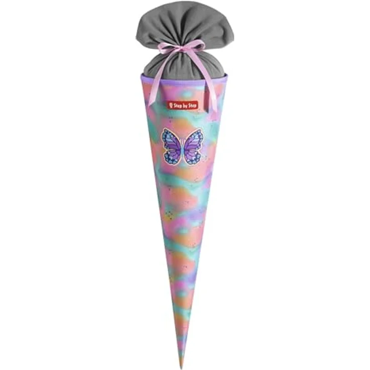 Step by Step Schultüte „Butterfly Luna“, lila, aus recycelten PET-Flaschen, 5 l Füllvolumen, 70 cm Höhe, mit Stoffverschluss – Bild 1