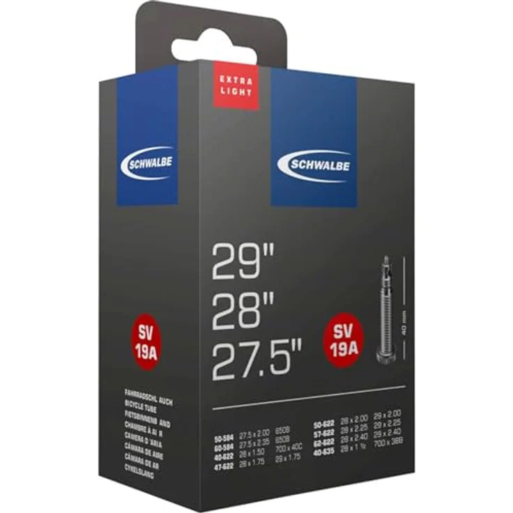 Schwalbe SV19A Extralight Fahrradschlauch, 27,5", 28", 29" mit 40 mm Sclaverand-Ventil, leicht und zuverlässig – Bild 1