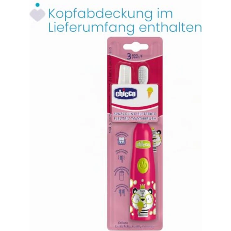 Chicco Elektrische Zahnbürste für Babys, kabellos mit weichem Vibrationskopf und sanften Borsten, geeignet für Kinder ab 3 Jahren, Tiger und Panda Design – Bild 2
