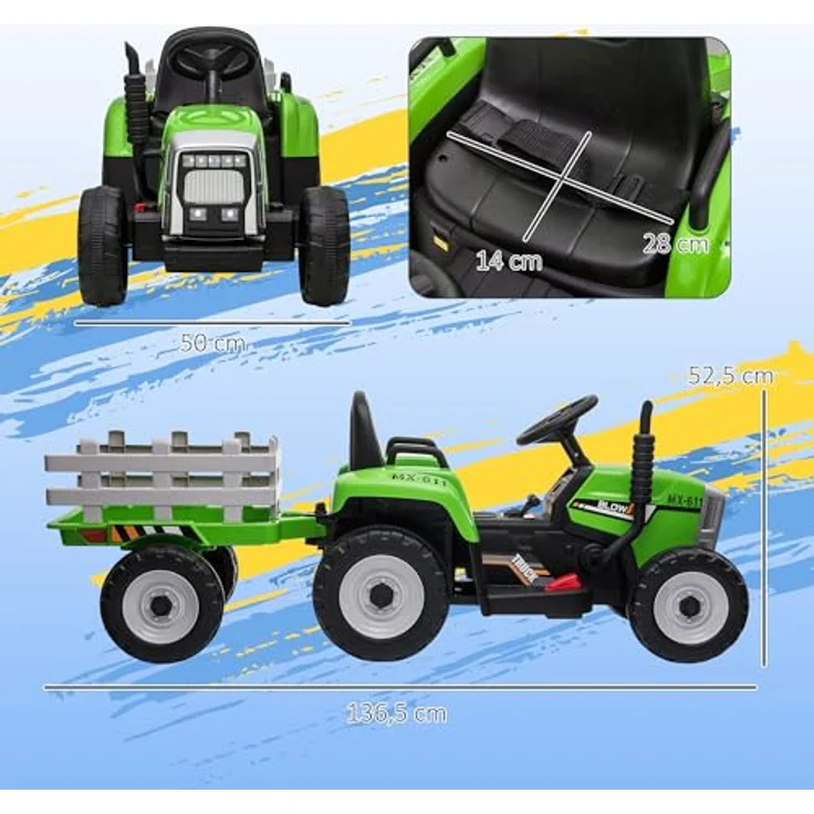 HOMCOM Elektrischer Traktor mit Anhänger, Kinder Aufsitztraktor mit Fernbedienung, Kinder Elektroauto mit MP3 Funktion, Kinderfahrzeug mit Scheinwerfer, für Kinder 3-6 Jahre, Grün – Bild 5