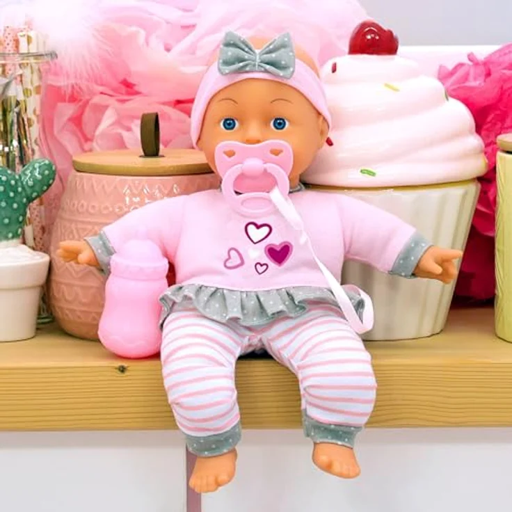 Bayer Babypuppe, 30 cm Weichkörperpuppe in rosa/grau mit Flasche und Schnuller (3-tlg) – Bild 5
