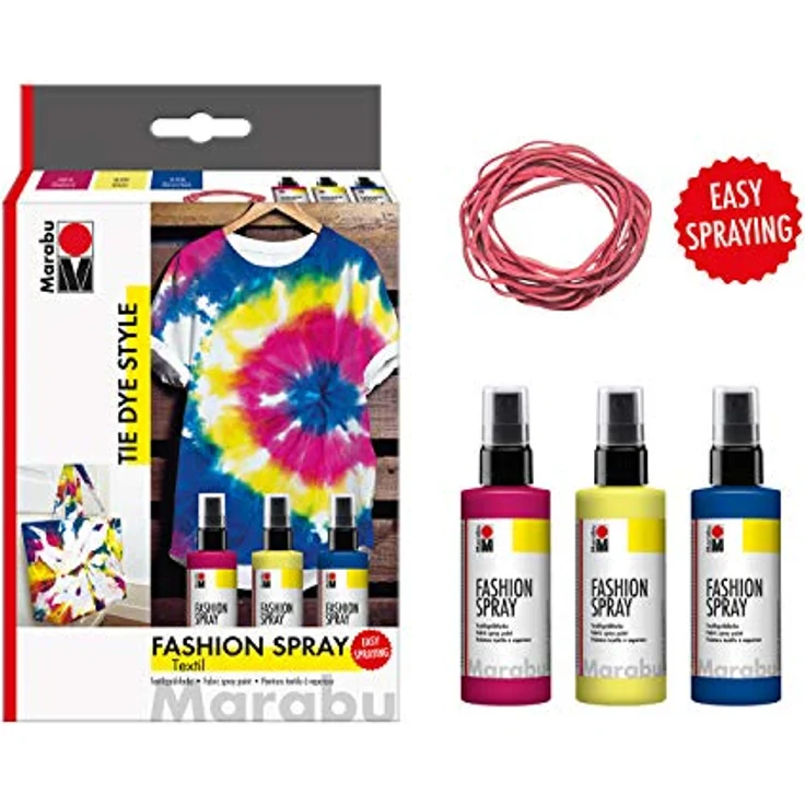 Marabu 1719000000094 - Fashion Spray, Tie Dye, Set Textilsprühfarbe auf Wasserbasis, für helle Textilien, einfache Fixierung, waschbeständig bis 40°C, 3 x 100 ml in himbeere, zitron und marineblau – Bild 2