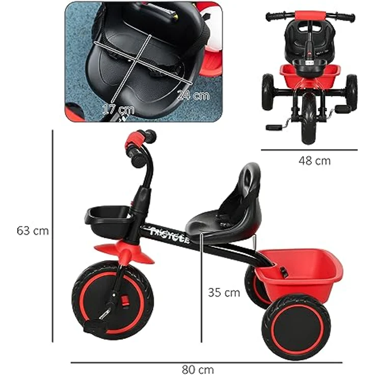 AIYAPLAY Kinderdreirad mit Beckengurt und Fahrradkorb, für Kinder 2-5 Jahre, Rot – Bild 5