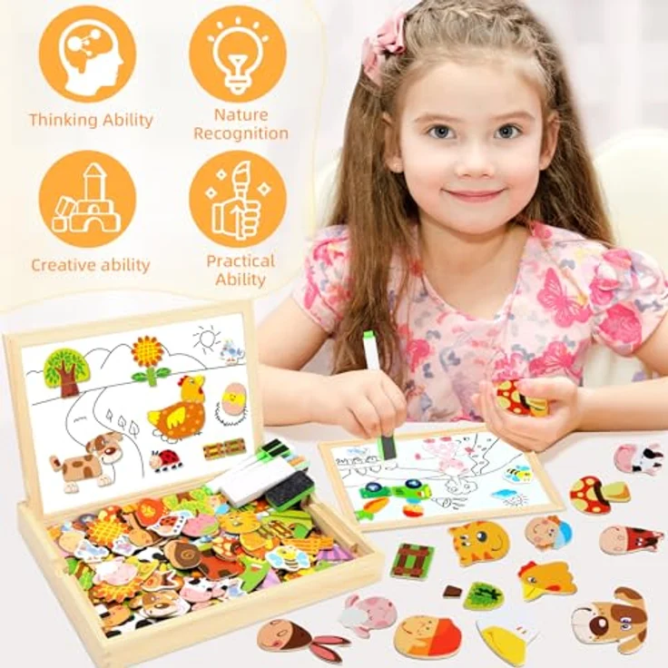 COOLJOY Magnetisches Holzpuzzle mit Doppelseitiger Tafel, Flyfun Holzspielzeug Puzzles Kinder 3 Jahre, Pädagogische Lernspiel 100 Bunten Teile, Kreativ Geschenk für Kinder (Farmmuster) – Bild 3