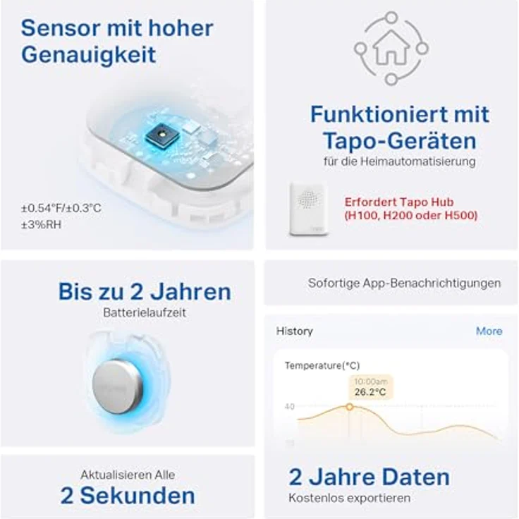 TP-Link Tapo T310 Smart Temperatur- und Luftfeuchtigkeitsmonitor, Hochpräziser Sensor, App-Benachrichtigungen, Kostenlose Datenspeicherung, Flexibel Platzierbar, Hub H100 erforderlich – Bild 2