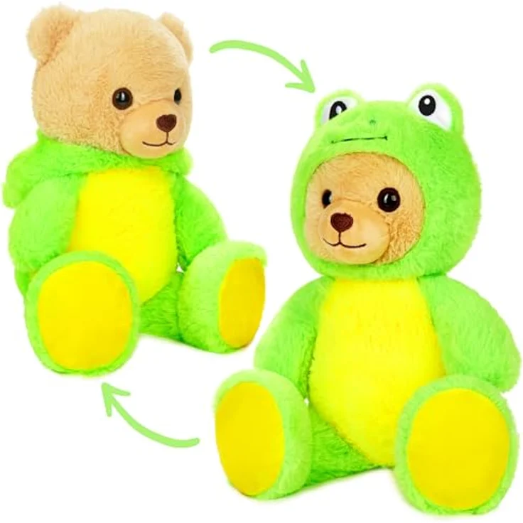 BRUBIES Teddy Frosch, 25 cm Plüschtier im Froschkostüm mit abnehmbarer Kapuze, extra weiches Kuscheltier für Kinder, pflegeleicht – Bild 1