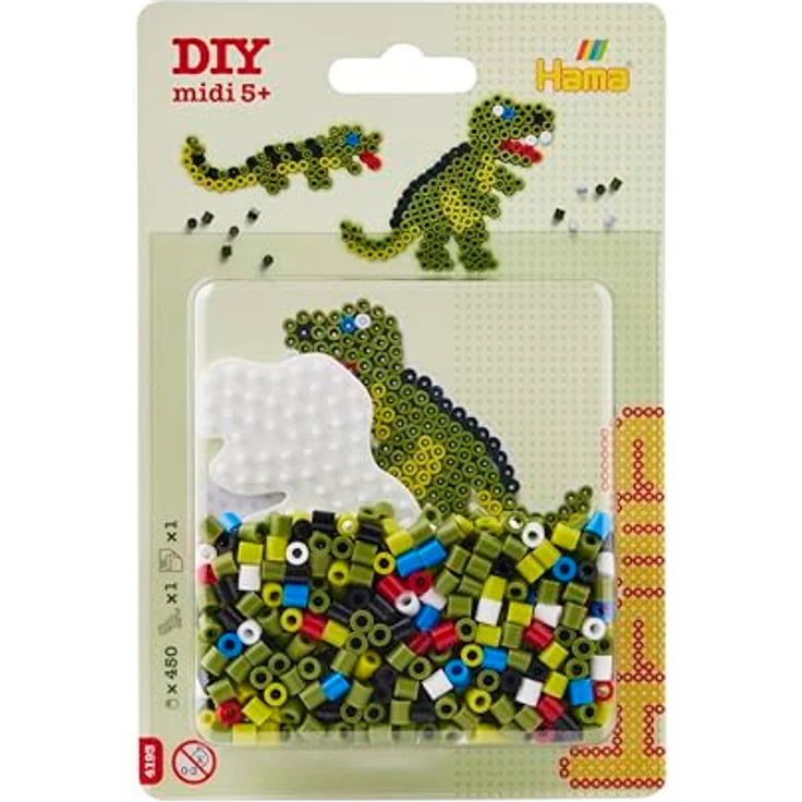 Hama Bügelperlen Hama Blister Dinosaurier, Midi-Bügelperlen Set mit 450 Perlen, 1 Dino Stiftplatte und Bügelpapier, Ø 5 mm, für Kinder ab 5 Jahren – Bild 1