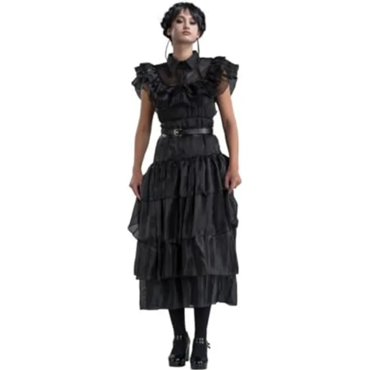Chaks Wednesday Kostüm Ballkleid schwarz Rabenball für Damen Gr. S-L Halloween Addams Family Fasching Karneval (L)