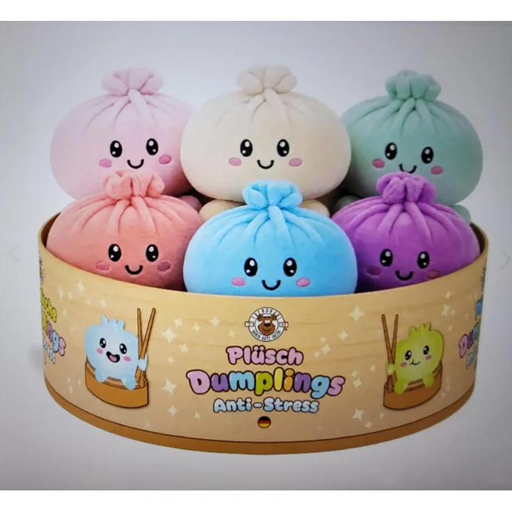 Idena Plüsch Dumpling Anti-Stress, 6,5 cm, 6 Farben sortiert: türkis, gelb, pink, rosa, creme, hellblau