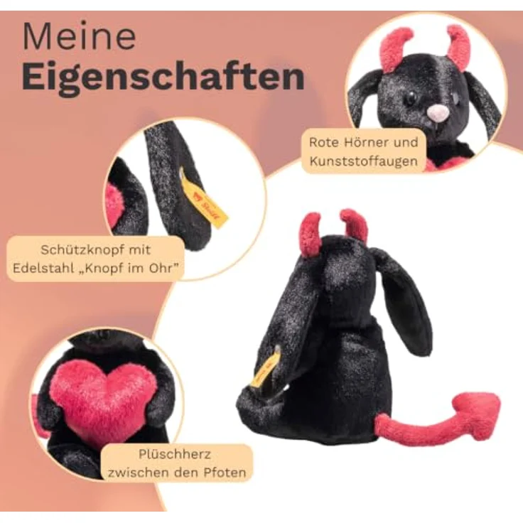 Steiff Hoppie Hase Kleiner Teufel, Plüschtier 14 cm, weicher Schwarz-Plüsch, für Kinder und Kuscheltierliebhaber – Bild 3