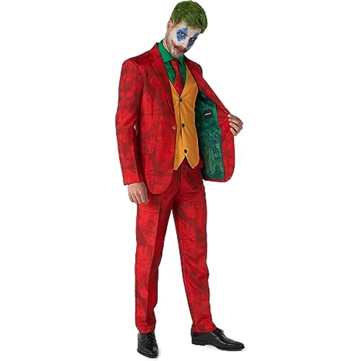 OppoSuits Scarlet Joker, vierteiliger Partyanzug in Rot mit Slim-Fit-Schnitt und Comic-Muster, XXL – Bild 7