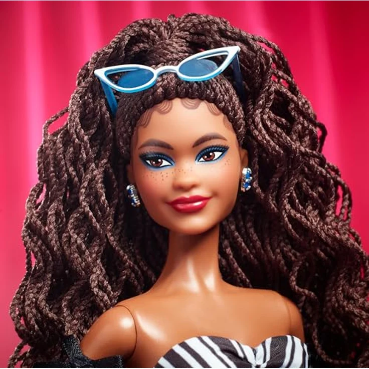 Barbie 65. Anniversary HRM59, Anziehpuppe im schwarz-weiß gestreiften Ballkleid mit saphirblauen Akzenten, inkl. Puppenständer und Echtheitszertifikat – Bild 3