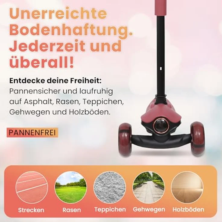 Habib Gruppe Kinderroller Tretroller 3-Rad mit LED Frontlicht und Rücklicht, faltbar, höhenverstellbar, rutschfest und pannensicher (Rot) für Kinder von 3-10 Jahren – Bild 5