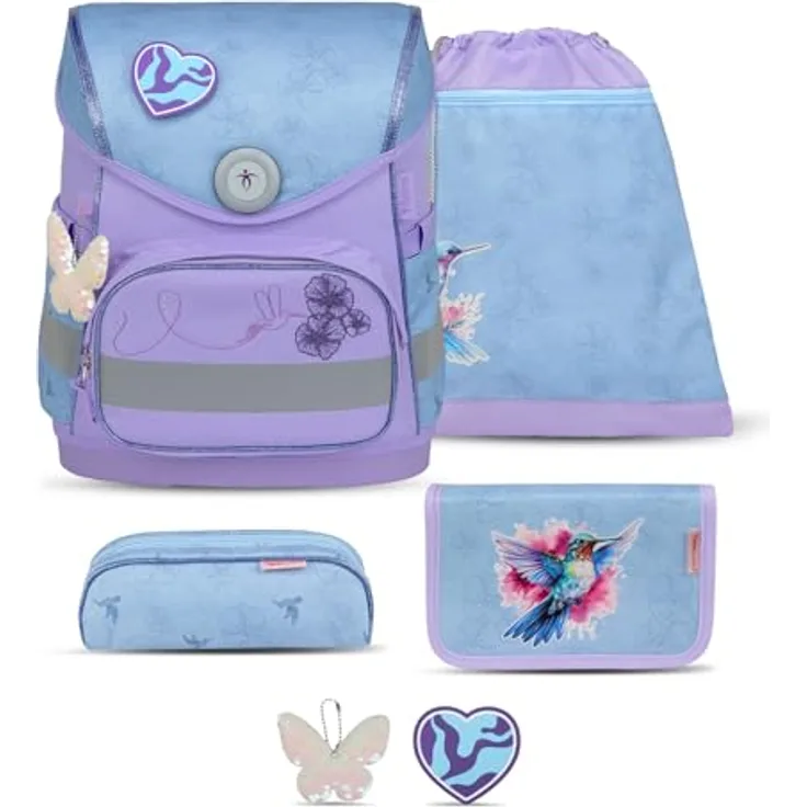 Belmil Compact mit Patches Schulranzen Set 5-teilig mit Brustgurt (405-41/AG/B/S) (Tropical Hummingbird) - Kinder Schulranzen-Set für die 1. bis 4. Klasse, 19 L Volumen, Fidlock Magnetverschluss, AGR geprüft & empfohlen