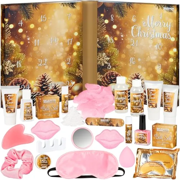BRUBAKER Cosmetics Adventskalender 2025, XXL Aufklappbarer Weihnachtskalender in Gold für Frauen und Mädchen, 24 Wellness-Überraschungen mit Winterduft