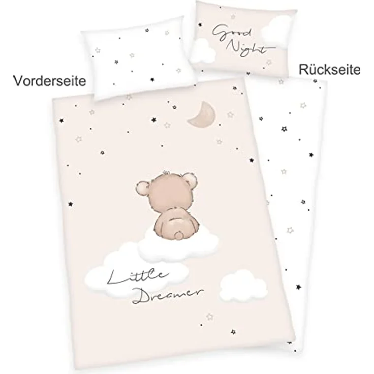 Herding Little Dreamer Bettwäsche-Set, Made IN Green by Oeko TEX, Kopfkissenbezug 40 x 60 cm mit Hoteleinschlag, Bettbezug 100 x 135 cm mit Reißverschluss, 100% Baumwolle/Renforcé, Weiß/Beige – Bild 2