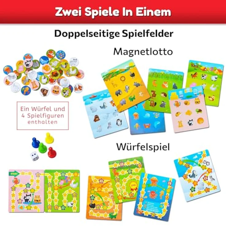 Magnikon Magnetisches Lotto Spiel „Die Tierwelt“, Bingo und Memory für Kinder ab 3 Jahren, 54 Magnete, 6 doppelseitige Spielbretter, farbenfrohe Tierbilder – Bild 2